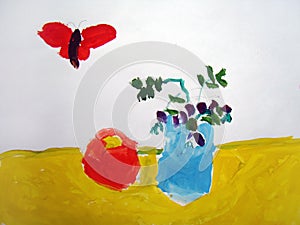 Still life with butterfly - painted by child