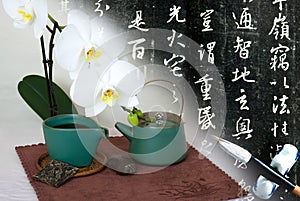 Still life with calligraphy background