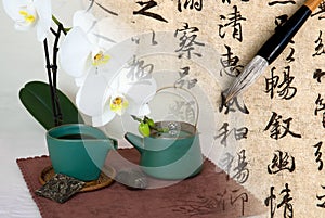 Still life with calligraphy background