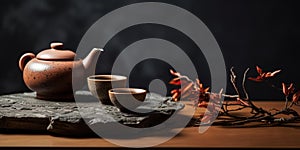 A still life capturing the essence of a tea ceremony. Delicate teaware, carefully arranged flowers, and steaming cups of