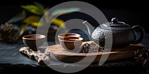A still life capturing the essence of a tea ceremony. Delicate teaware, carefully arranged flowers, and steaming cups of