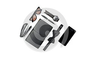 Still life of casual man. Modern male accessories on white