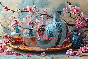 Still life with ceramic vases and pink sakura flowers on a blue background