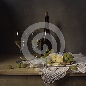 Still Life Cheese, wine, grapes