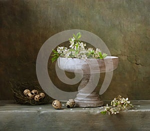 Still life with cherry blossom and quail eggs