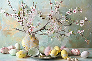Still life of cherry blossom in vintage vase with pastel easter eggs