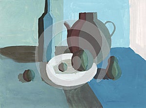 Still life Chiaroscuro contrast of light and shadow, acrylic painting Minimal graphics palette. Teapot, bottle, plate, fruits and