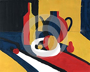 Still life Chiaroscuro contrast of light and shadow, acrylic painting Minimal graphics palette. Teapot, bottle, plate, fruits and