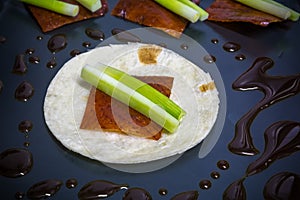 Still life chinese fusion food--tortilla with peking duck