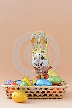 Still life with chocolate Easter eggs and a chocolate bunny