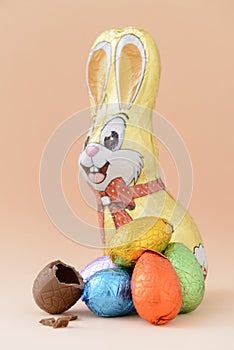 Still life with chocolate Easter eggs and a chocolate bunny