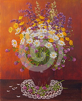 Still life of a clay pot of bouquet wild flowers. Original oil painting. Author s painting.