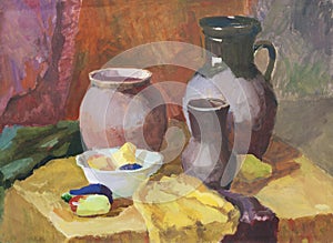 Still life with clay pottery and vegetables gouache painting