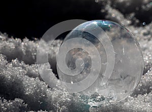 Close-up of Frozen Soap Bubble with Ice Crystals in Snow