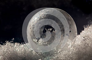 Close-up of Frozen Soap Bubble with Ice Crystals in Snow