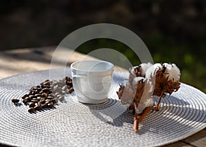 Still life with coffee cup, beans and cotton flower in the sun