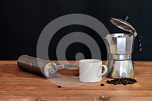 Still life coffee maker and cup