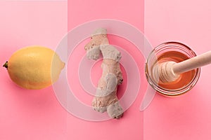 still life collage with lemon,ginger root and honey jar flat lay on a pink background