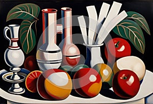 Still life with colorful ceramic vases and fruit on a black background