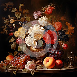 Still life with colorful garden flowers and fruits. Vintage oil painting style illustration.