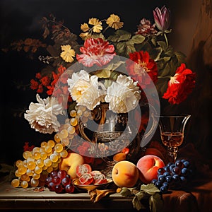 Still life with colorful garden flowers and fruits. Vintage oil painting style illustration.