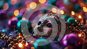 Still Life colorful Mardi Gras beads and masks, vibrant purple backdrop, vivid purples, greens, and golds, festive