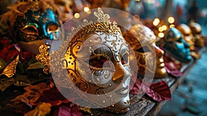 Still Life colorful Mardi Gras beads and masks, vibrant purple backdrop, vivid purples, greens, and golds, festive