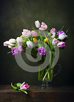 Still life with colorful tulips