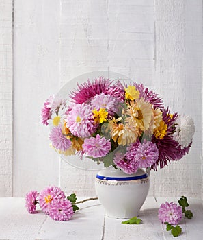 Still life with colourful chrysanthemums bunch