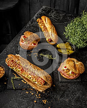 Still life composition of delicious hot dogs and sandwiches with different toppings and dried onion on the dark