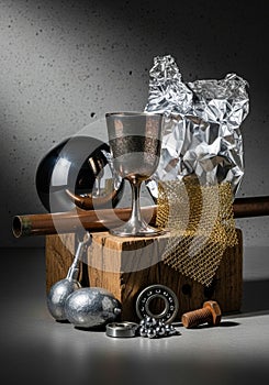 A still life composition featuring diverse materials and textures arranged on a wooden