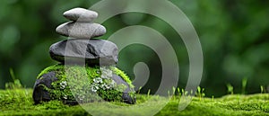 A still life composition featuring three stacked stones on a bed of moss, with a blurred green background.