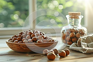 Still life composition featuring two ceramic jugs and hazelnuts on a rustic wooden table