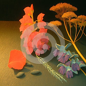 A still life composition featuring a variety of botanical elements on a dark surface.