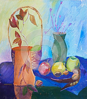 Still life composition illustration with basket, vase, fruit and