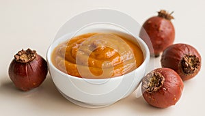 Still Life Composition with Orange Puree and ReddishBrown Round Objects.