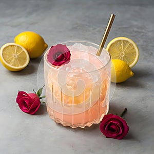 A Still Life Composition of Two Glasses of Pink Lemonade with Raspberry and Lemon Garnish, Featuring Crushed Ice photo