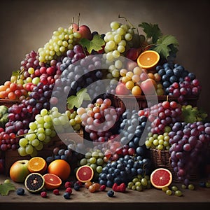 This is a still life composition of various fresh fruits including grapes, apples, and citrus on a dark background. The