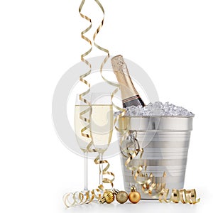 Bottle with champagne and two full wineglasses