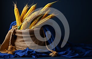 still life with corn cobs over cast iron plate and blue muslin