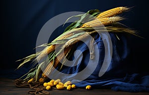 still life with corn cobs over cast iron plate and blue muslin