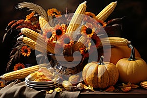 still life of corn pumpkins and flowers