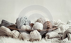 Still life with a cozy variety of yarn for knitting