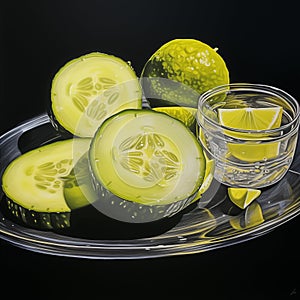 A still life with cucumber slices and a lime on a metal plate at night.