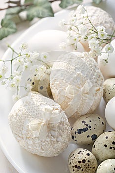 Still life with decorated Easter eggs in vintage style