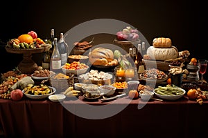 Still life of delicious food in plates on table. Grapes, corn, herbs, nuts, turkey, cheese, wine, meat, vegetables and fruits on