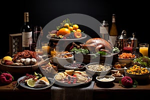 Still life of delicious food in plates on table. Grapes, corn, herbs, nuts, turkey, cheese, wine, meat, vegetables and fruits on