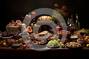 Still life of delicious food in plates on table. Grapes, corn, herbs, nuts, turkey, cheese, wine, meat, vegetables and fruits on