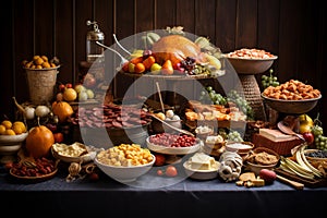 Still life of delicious food in plates on table. Grapes, corn, herbs, nuts, turkey, cheese, wine, meat, vegetables and fruits on