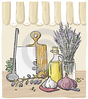 Still life design with vegetables, kitchen utensil, bouquet of lavender and bottle of olive oil